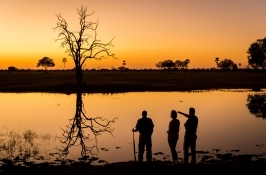 walking safari in Africa lake at dusk